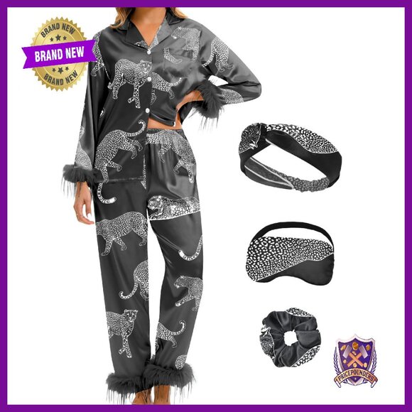 Silk Satin Pajama Set with Feather Trim Long Sleeve Button-Down Pocket
